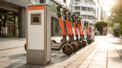 Electric scooters lined up neatly beside a charging station on a modern urban street, showcasing eco-friendly transportation options in a vibrant city environment