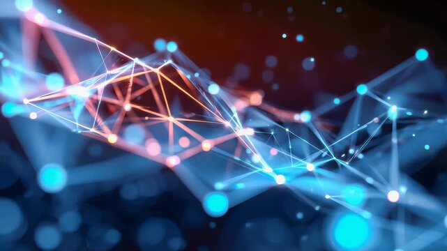 Abstract glowing network of interconnected nodes and lines in blue and orange, symbolizing technology, data, and connectivity
