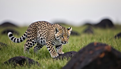 Fototapeta premium Leopard stalking prey in savanna grasslands wildlife photography natural environment close-up view