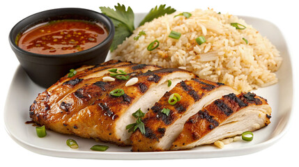 Grilled chicken breast with rice and savory sauce on a white plate for delicious healthy meal