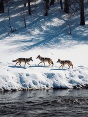 Coyotes walking along a snowy riverbank in winter nature scene wildlife photography outdoor activity