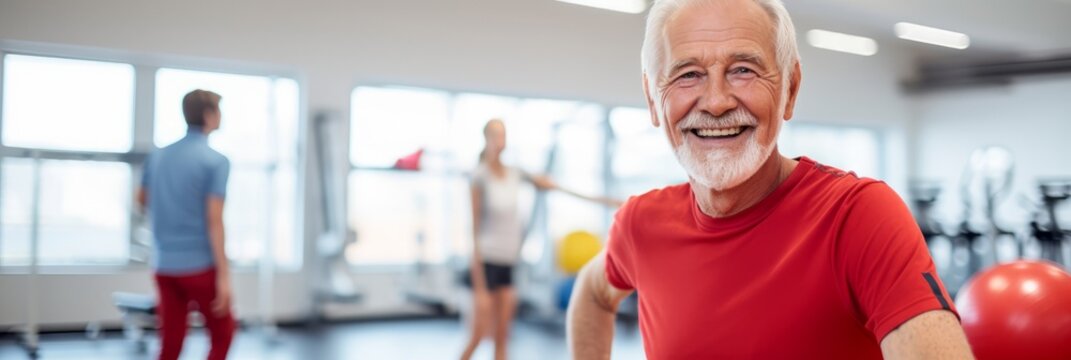 old aged senior man doing sports in a gymnastics studio