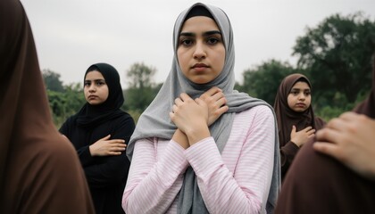 Group of young women in hijabs standing together outdoor setting cultural event serene environment close-up perspective