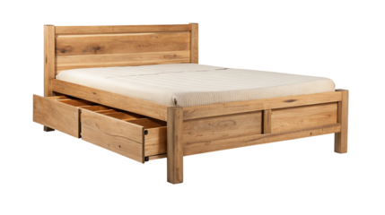 Modern wooden bed frame with storage drawers for bedroom organization and space saving comfort