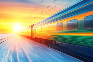 Naklejka premium Train speeding at sunset along a railway with vibrant colors illuminating the sky