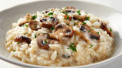 creamy mushroom risotto on white background