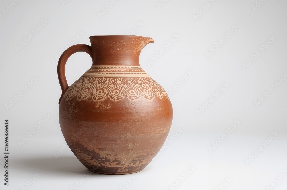 Poster vintage clay pitcher with intricate patterns on plain white backdrop
