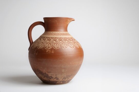 Vintage clay pitcher with intricate patterns on plain white backdrop