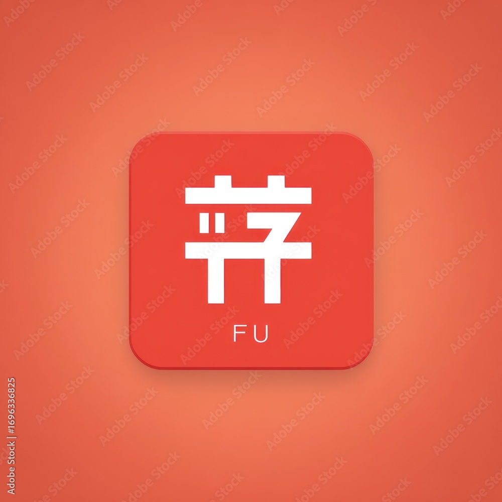 Poster red square icon with chinese symbol and english word fu on gradient background
