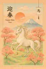  2026年_年賀状_素材_縦_和風_水彩画_白馬_富士_01