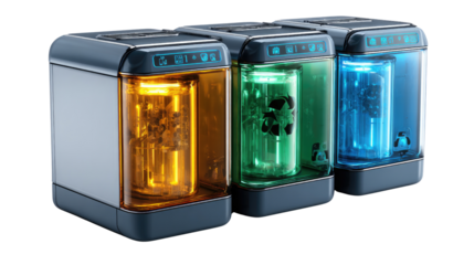 Illuminated Industrial Devices: Three futuristic, color-coded devices cast an alluring glow against a subtle backdrop, representing cutting-edge technology and sophisticated design.