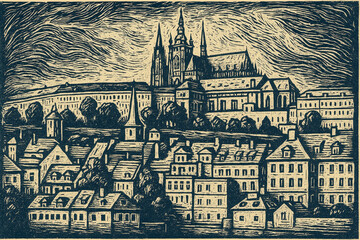 A linocut-style print of Prague Castle and St. Vitus Cathedral, showcasing the intricate architecture of these landmarks.