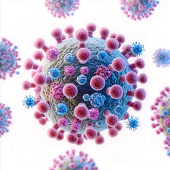 Microscopic virus cell with pink and blue protein spikes, showing a detailed pathogen structure for medical, scientific, and healthcare concept.