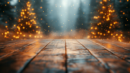 Wooden table with blurred Christmas trees and glowing festive lights in the background, creating a warm holiday atmosphere perfect for seasonal designs and winter celebrations.