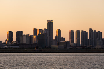 seaside city in dusk