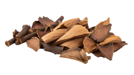 Aromatic wood chips pile on a black background - natural fragrant texture for sensory delight