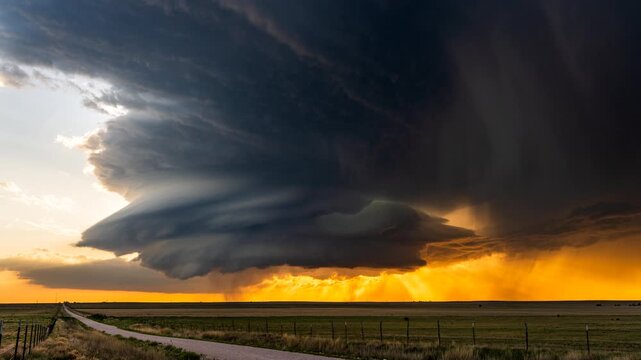 Supercell thunderstorm powerful nature dangerous weather with colorful sunset 
