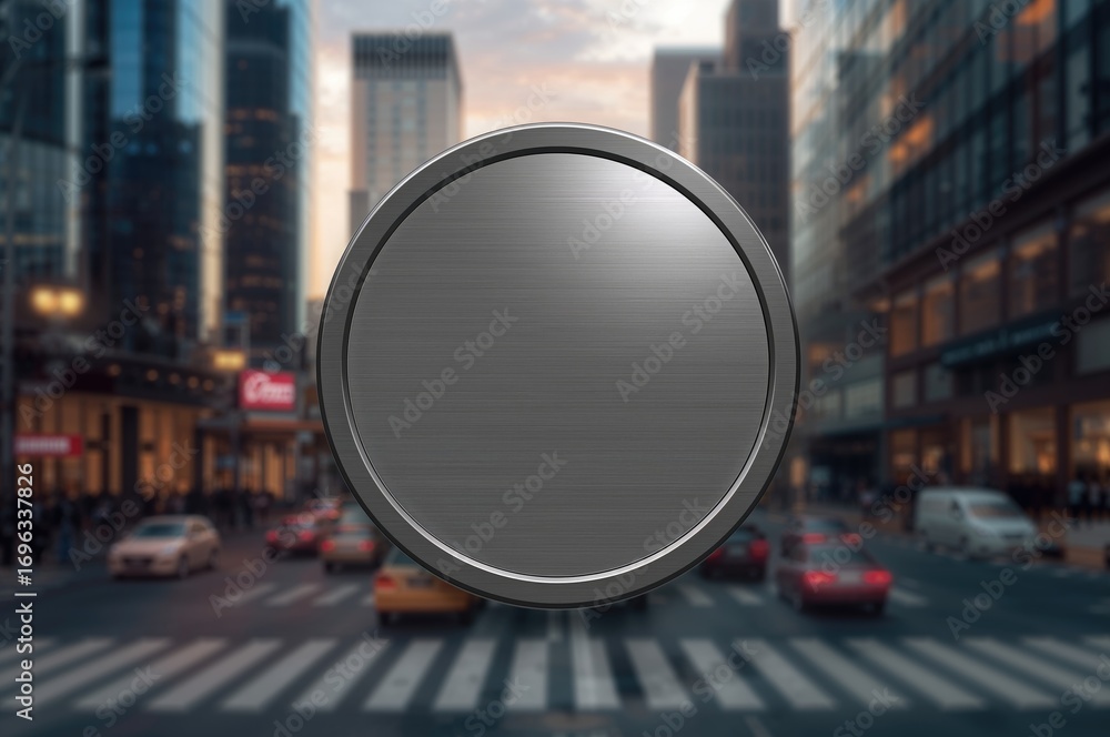 Poster round signboard mockup and blank frame for branding and text against an urban backdrop