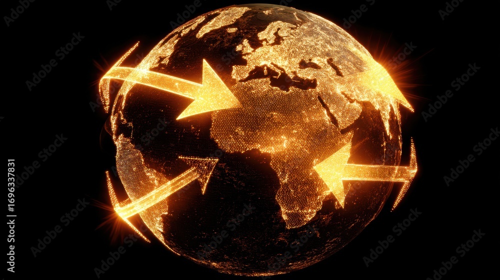 Poster glowing world map with arrows indicating global connectivity and trade exchange in a dark background