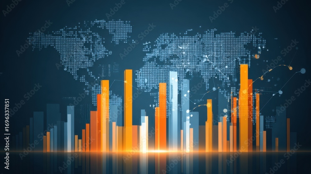 Aufkleber abstract representation of data visualization with colorful bar charts and world map background for 