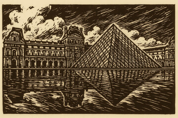 A linocut print of the Louvre Museum in Paris, France, featuring the iconic glass pyramid reflected in the pool with dramatic lighting.