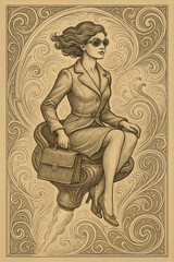 A pencil sketch of a woman in a business suit sitting on a rocket chair, flying through clouds with a briefcase.