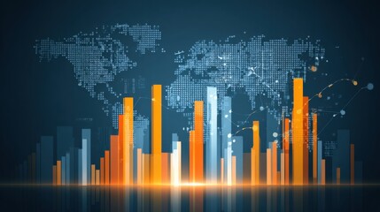 Fototapeta premium Abstract representation of data visualization with colorful bar charts and world map background for technology and analytics concepts