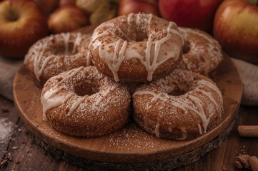 Fototapeta premium Delicious fall treat: homemade cinnamon sugar baked donuts with fresh apple accents