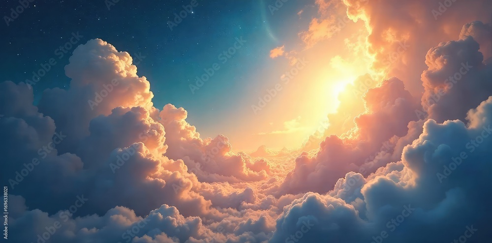 Wall mural a majestic, ethereal sky filled with swirling clouds and radiant light, suggesting a divine presence