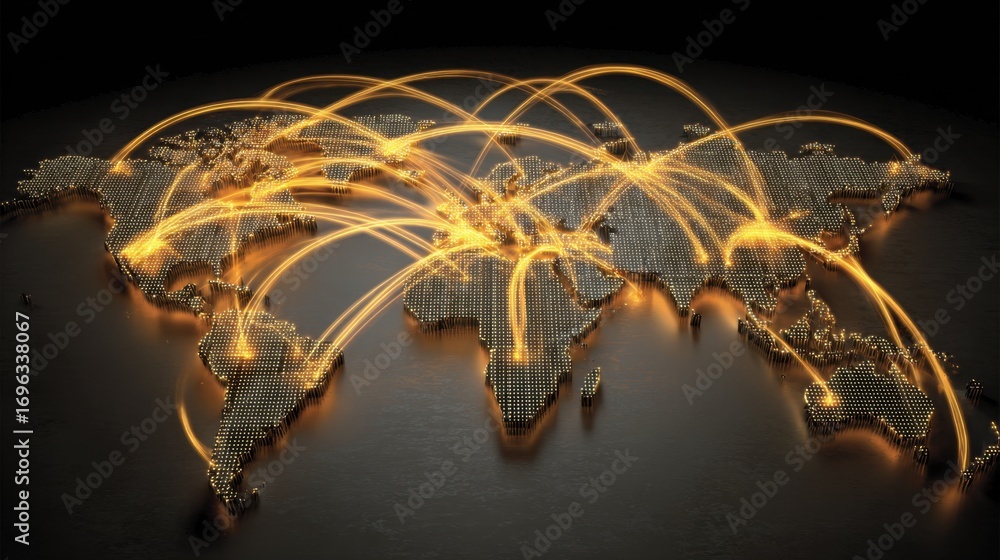 Poster global network connectivity and data transfer visual representation with bright lines and dots