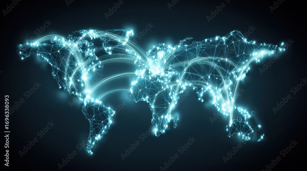Poster global network connection visualization with light effects illustrating data flow across continents 