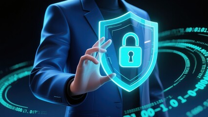 A hand holding a glowing holographic shield surrounded by spiraling digital code, symbolizing cybersecurity, data protection, phishing