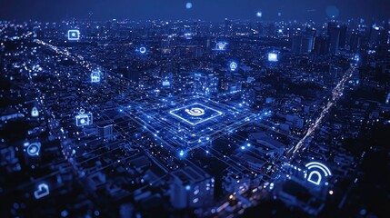 Smart city concept; interconnected devices & digital infrastructure at night