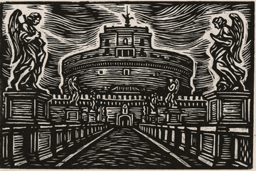 Linocut of Castel Sant Angelo and the Angel Bridge with statue silhouettes, Rome, Italy, in dramatic monochrome with strong graphic contrast.
