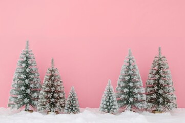 Obraz premium Wintertime Christmas trees set against a pink backdrop.