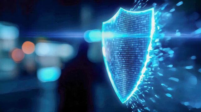 Digital shield made of binary code with a blurred hacker silhouette in the background - Powered by Adobe