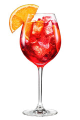 A classic Aperol Spritz cocktail with an orange slice garnish, isolated on a white background. A refreshing Italian aperitif or summer drink for a party or bar menu.