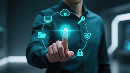 A man pointing finger at glowing biometric scan surrounded by digital icons, representing cybersecurity, data protection, phishing in modern tech space
