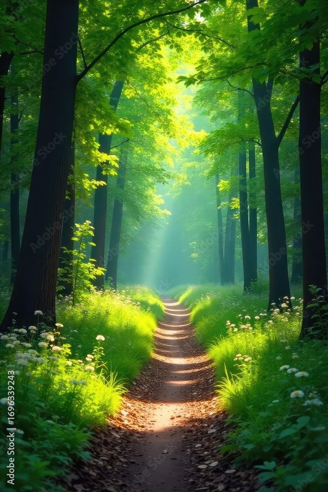 Canvas Prints a scenic outdoor pass through a lush green forest with sunlight dappling the path, creating a tranqu