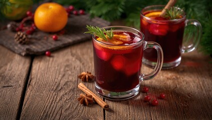 Festive spiced red wine with oranges served warm on a rustic wooden surface. Classic holiday beverage.
