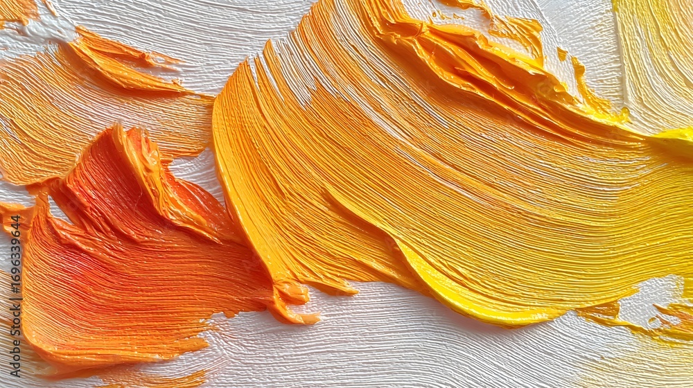 Poster vibrant orange and yellow paint strokes create a dynamic abstract texture on a light gray canvas.