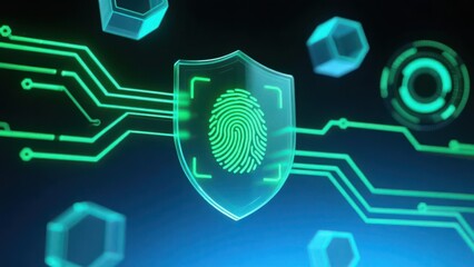 A glowing green fingerprint hologram with floating circuits and data lines, symbolizing cybersecurity, data protection, phishing in futuristic interface