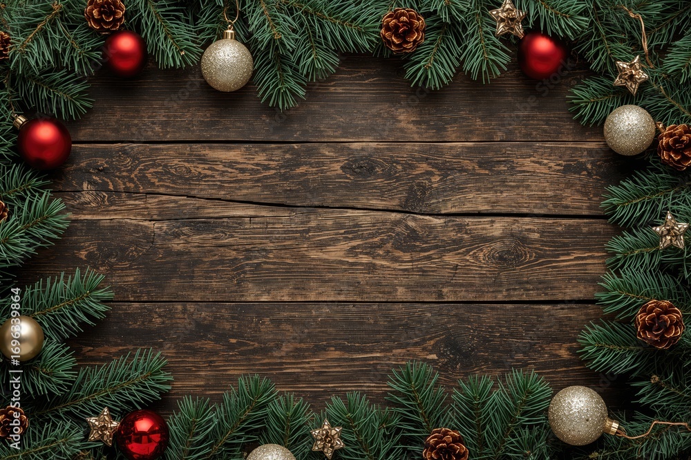 Poster festive pine tree adorned with ornaments and a red clock against a dark brick wall, overhead view wi