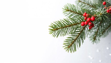 Obraz premium Holiday pine branch adorned with red berries on a white background with space for text