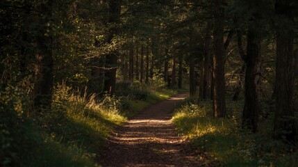 Obraz premium A sun-drenched woodland path winds through a dense forest, casting dappled shadows on the earthy trail.