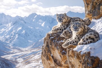 Two snow leopards rest on a snowy mountaintop rock, majestic and serene against a breathtaking backdrop.