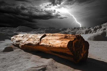 Petrified wood rests in a desolate landscape under a stormy sky, illuminated by a dramatic lightning strike.