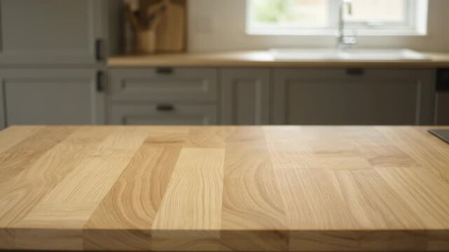 Wooden Kitchen Countertop with Blurred Background - A close-up shot of a light-colored wooden kitchen countertop. The background is blurred, showing a modern kitchen with gray cabinets and a sink.