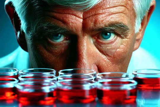 Scientist analyzes samples in a laboratory with vibrant red liquids under bright lighting