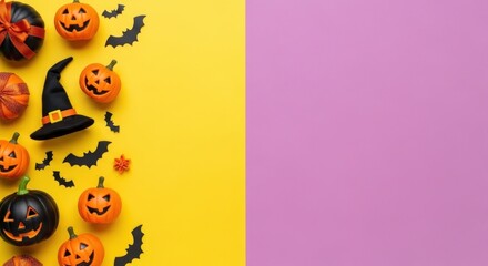Halloween pumpkins and bats on yellow background with purple copy space